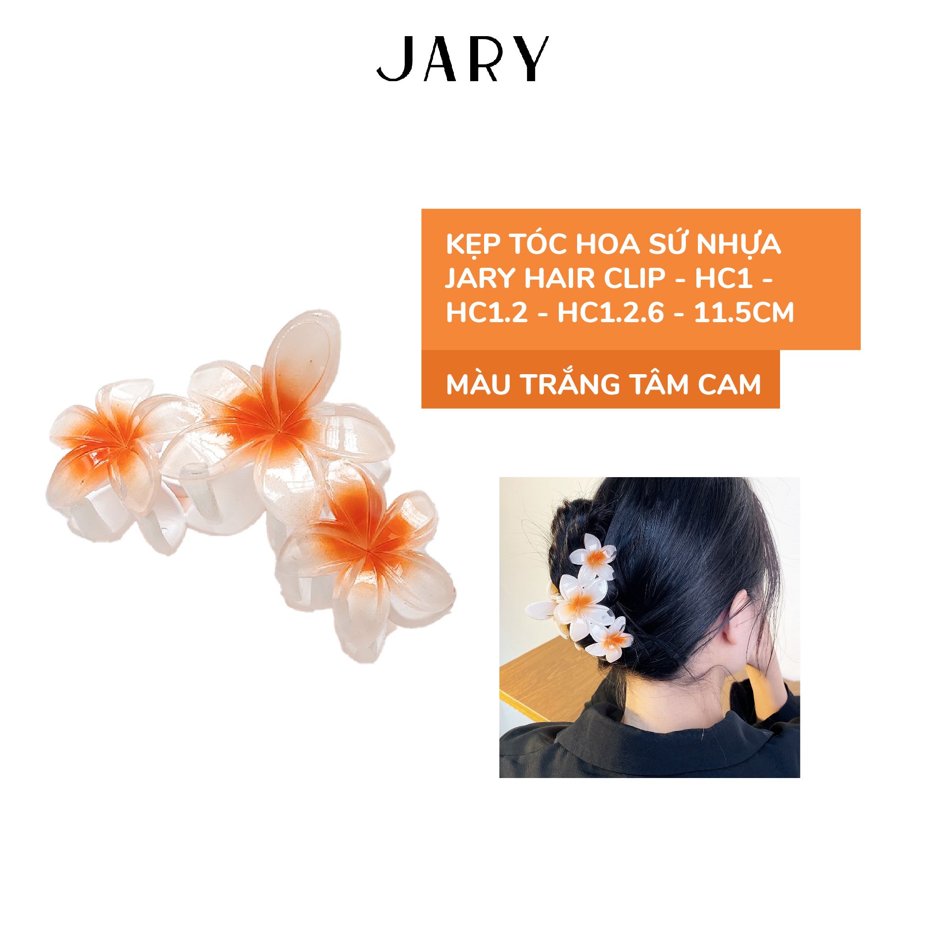 KẸP TÓC HOA SỨ NHỰA JARY HAIR CLIP - HC1 - HC1.2 - HC1.2.6 - MÀU TRẮNG TÂM CAM - 11.5CM