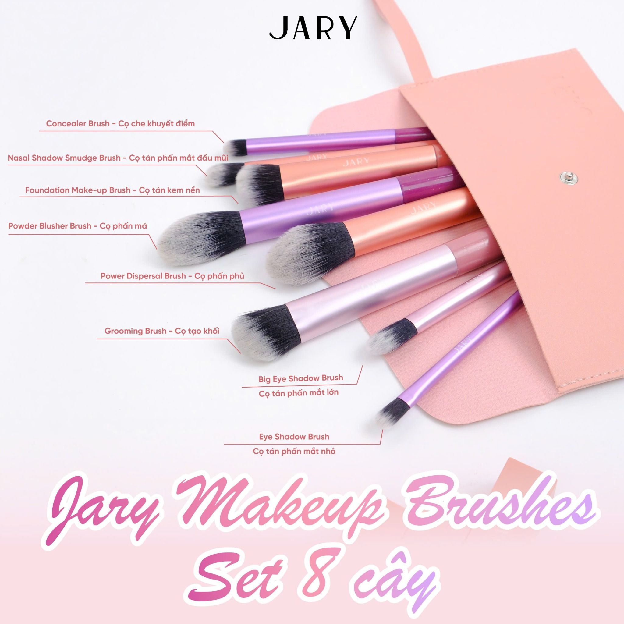 BỘ CỌ TRANG ĐIỂM JARY MAKEUP BRUSH - SET 8 CÂY - MÀU CẦU VỒNG + TÚI ĐỰNG DA PU