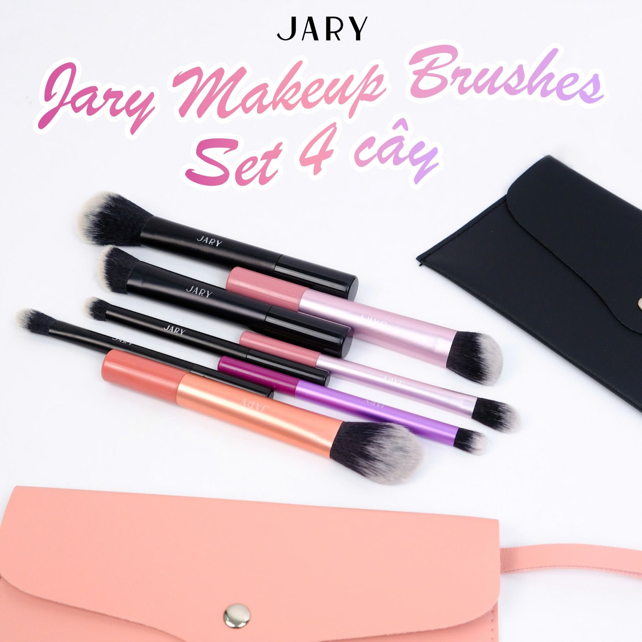 BỘ CỌ TRANG ĐIỂM JARY MAKEUP BRUSH - SET 4 CÂY - MÀU CẦU VỒNG + TÚI ĐỰNG DA PU