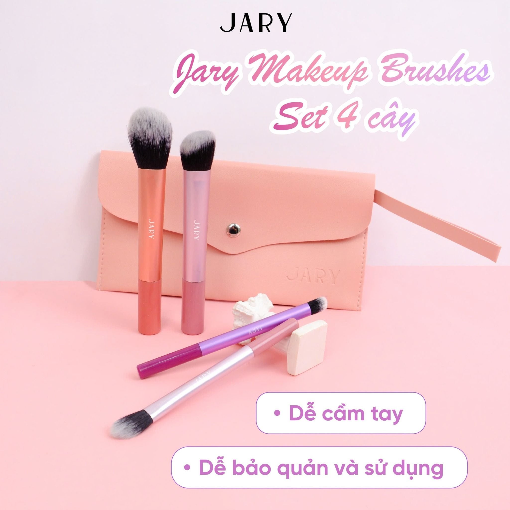 BỘ CỌ TRANG ĐIỂM JARY MAKEUP BRUSH - SET 4 CÂY - MÀU CẦU VỒNG + TÚI ĐỰNG DA PU