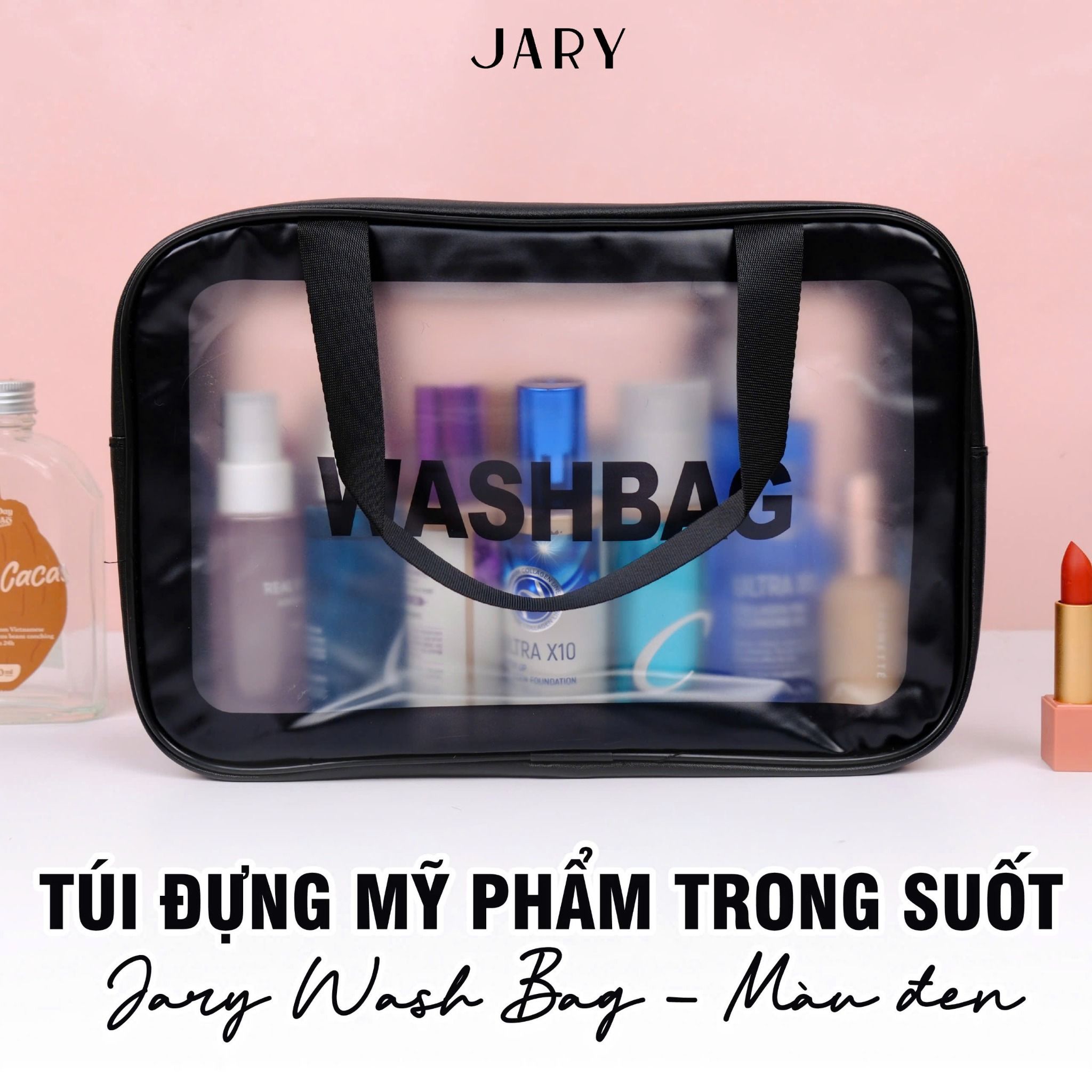 TÚI ĐỰNG MỸ PHẨM TRONG SUỐT JARY WASH BAG - MÀU ĐEN - SIZE 29.5X10.5X20