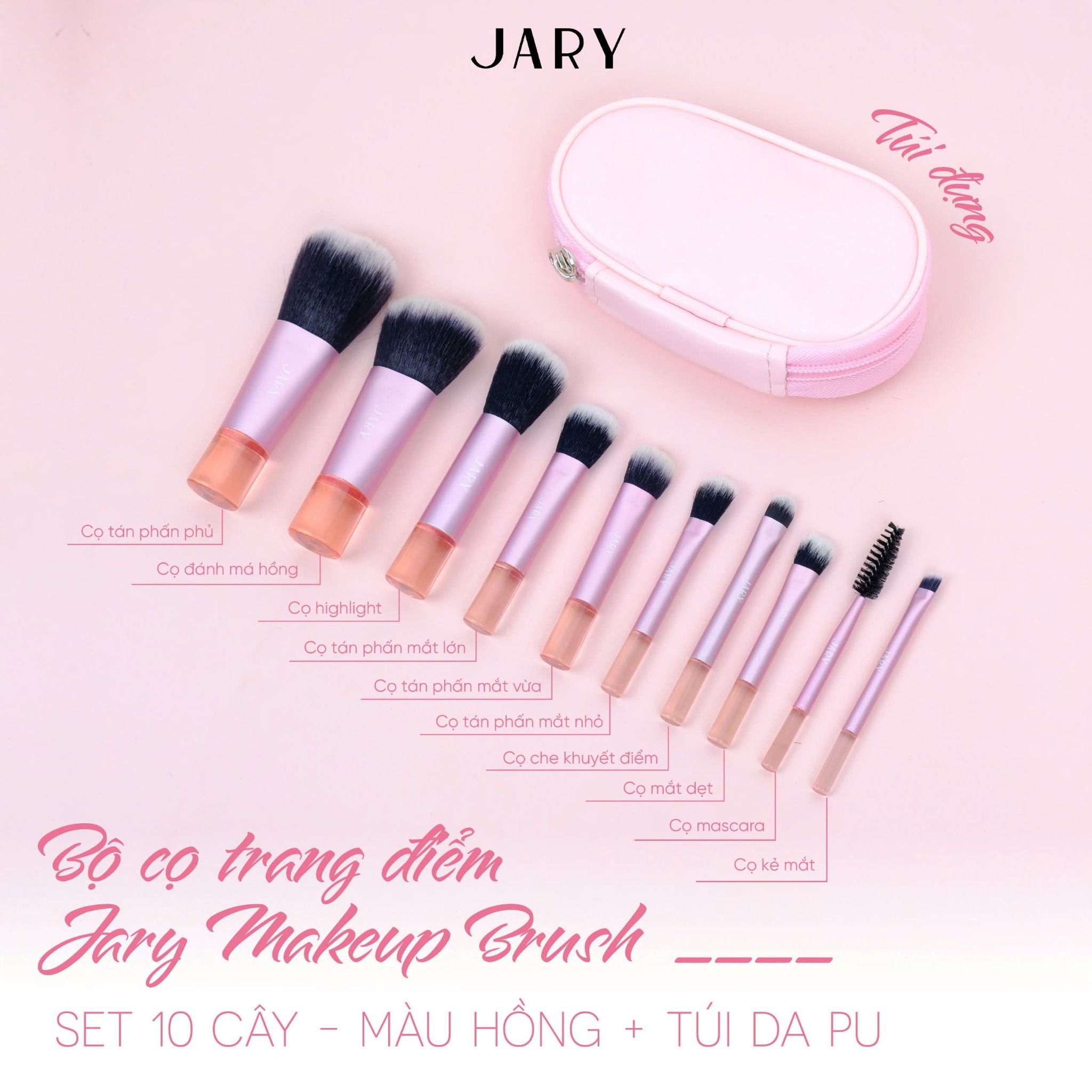 BỘ CỌ TRANG ĐIỂM JARY MAKEUP BRUSH - SET 10 CÂY - MÀU HỒNG + TÚI ĐỰNG DA PU