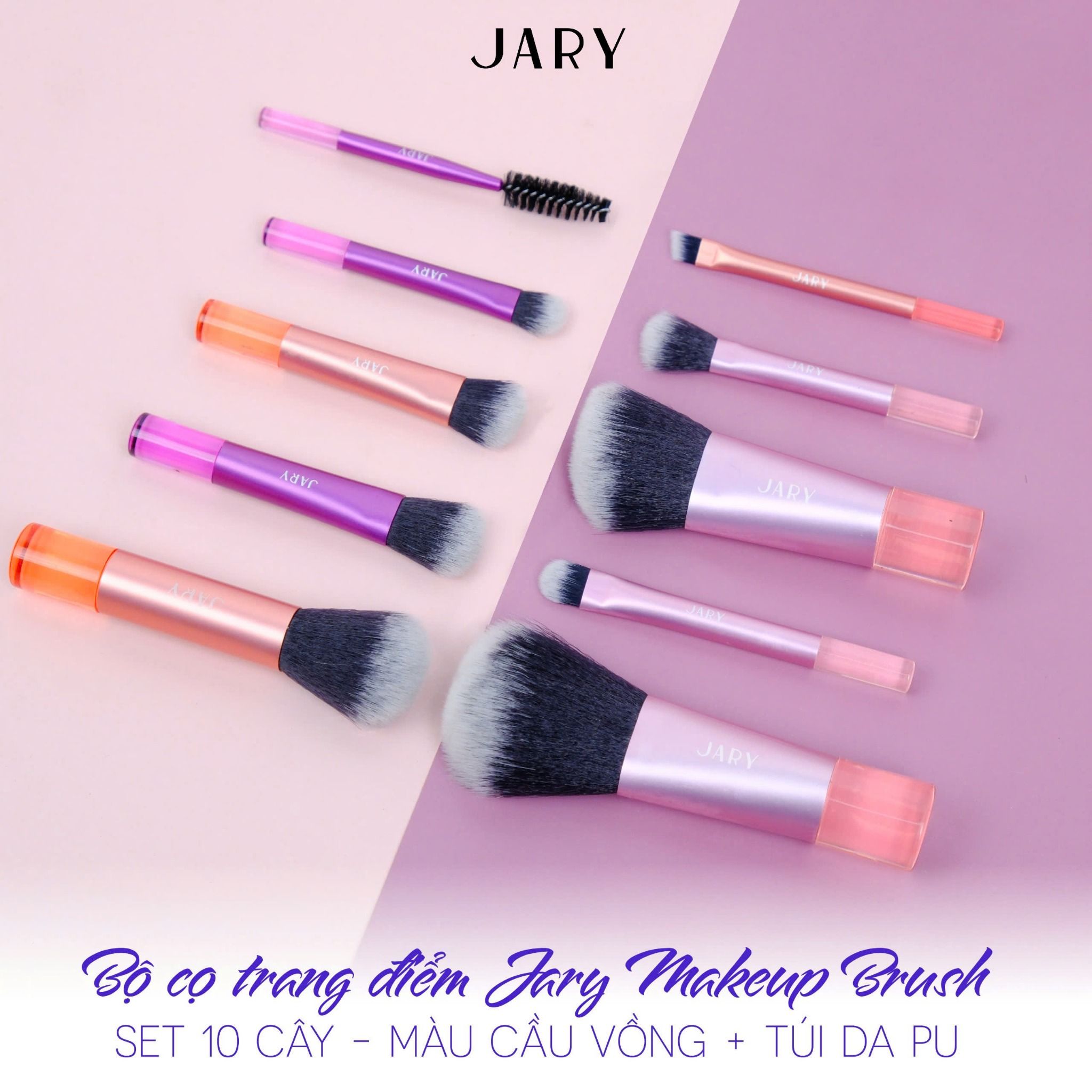 BỘ CỌ TRANG ĐIỂM JARY MAKEUP BRUSH - SET 10 CÂY - MÀU CẦU VỒNG + TÚI ĐỰNG DA PU