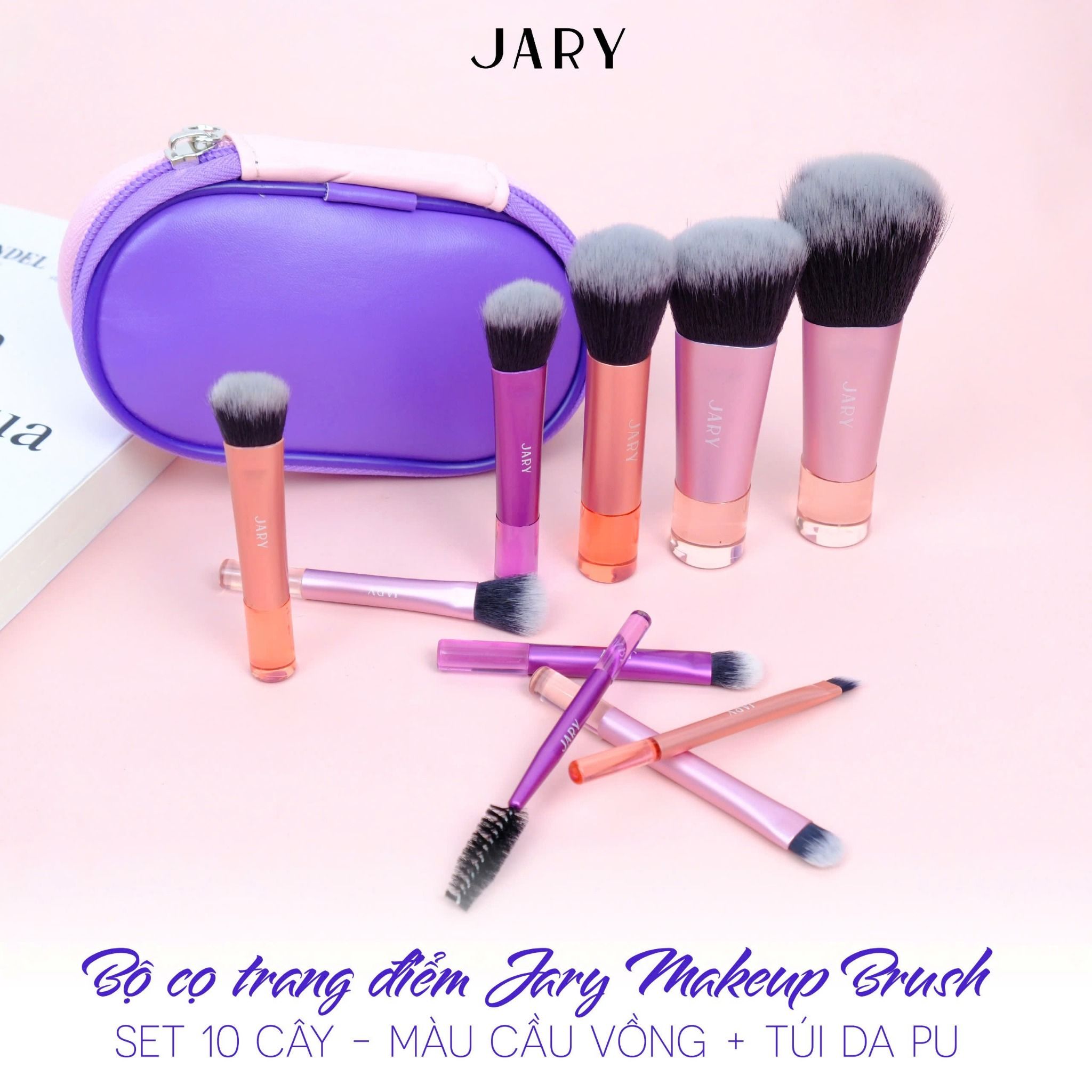 BỘ CỌ TRANG ĐIỂM JARY MAKEUP BRUSH - SET 10 CÂY - MÀU CẦU VỒNG + TÚI ĐỰNG DA PU