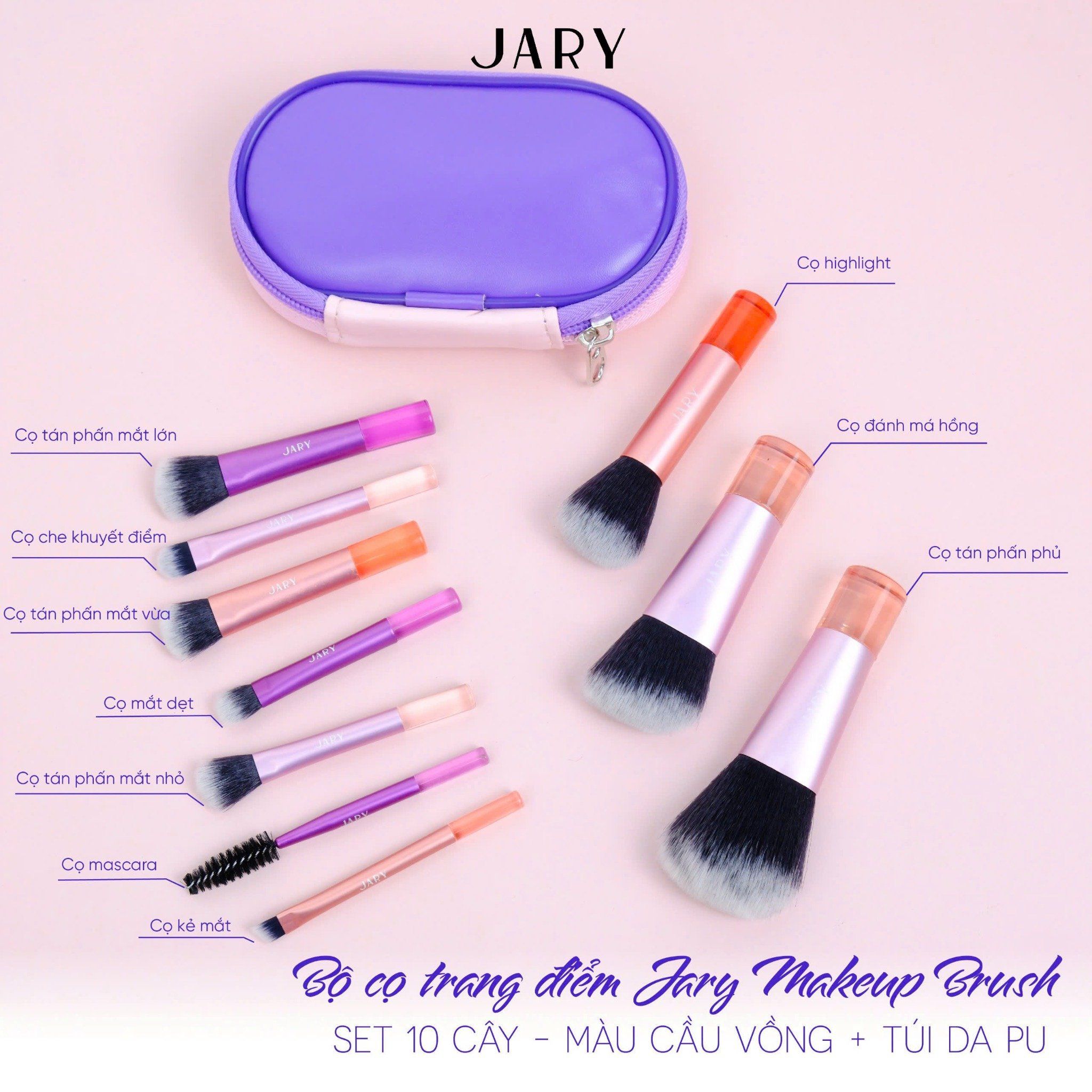 BỘ CỌ TRANG ĐIỂM JARY MAKEUP BRUSH - SET 10 CÂY - MÀU CẦU VỒNG + TÚI ĐỰNG DA PU
