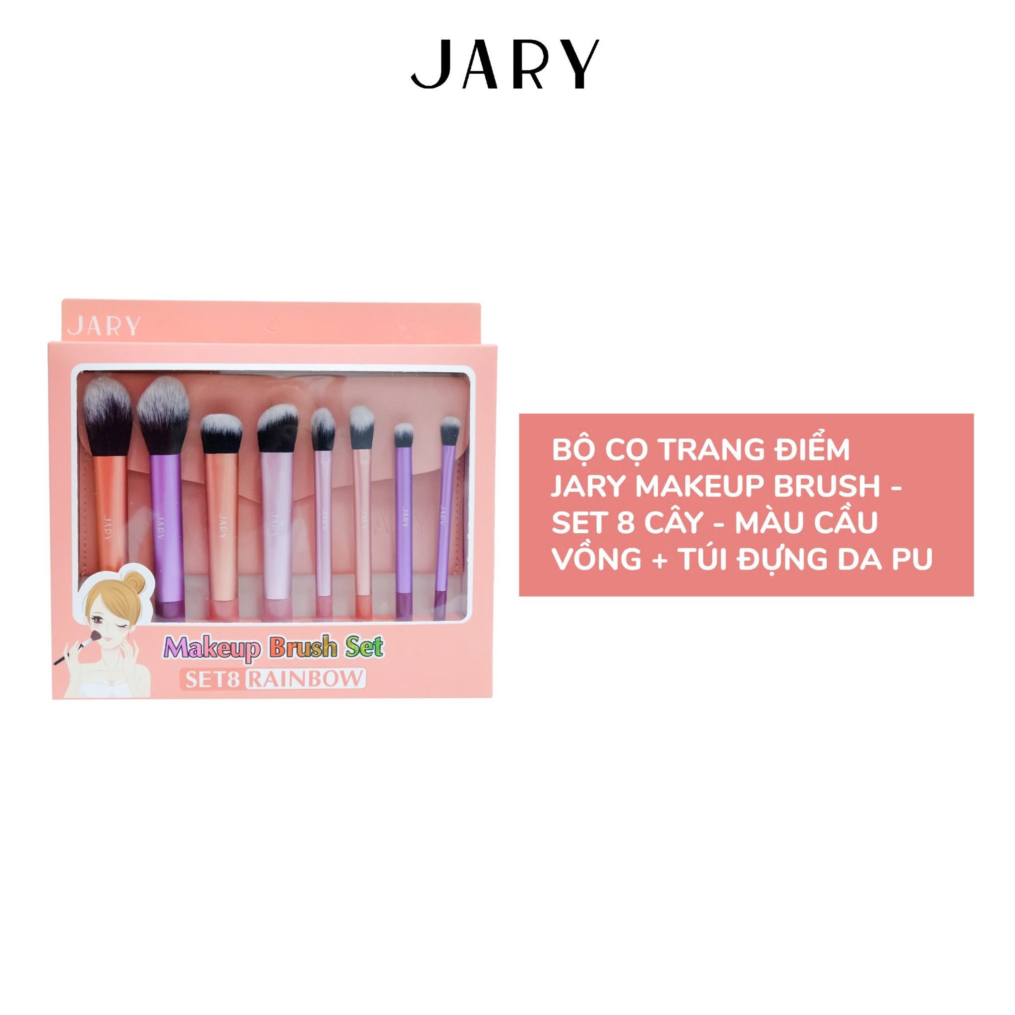 BỘ CỌ TRANG ĐIỂM JARY MAKEUP BRUSH - SET 8 CÂY - MÀU CẦU VỒNG + TÚI ĐỰNG DA PU