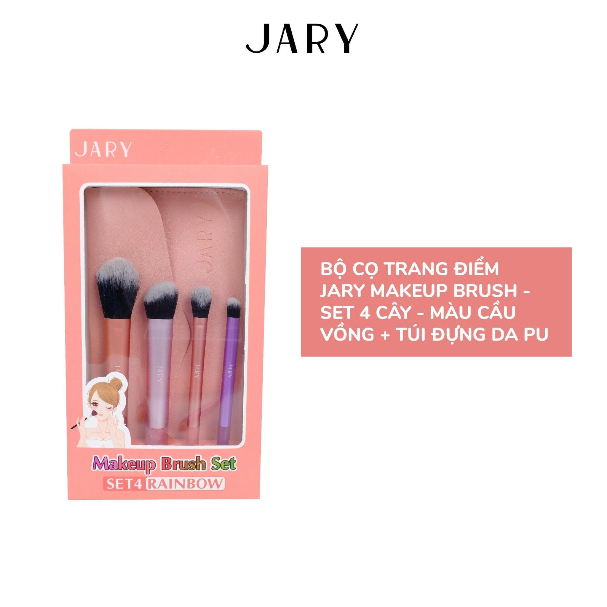 BỘ CỌ TRANG ĐIỂM JARY MAKEUP BRUSH - SET 4 CÂY - MÀU CẦU VỒNG + TÚI ĐỰNG DA PU