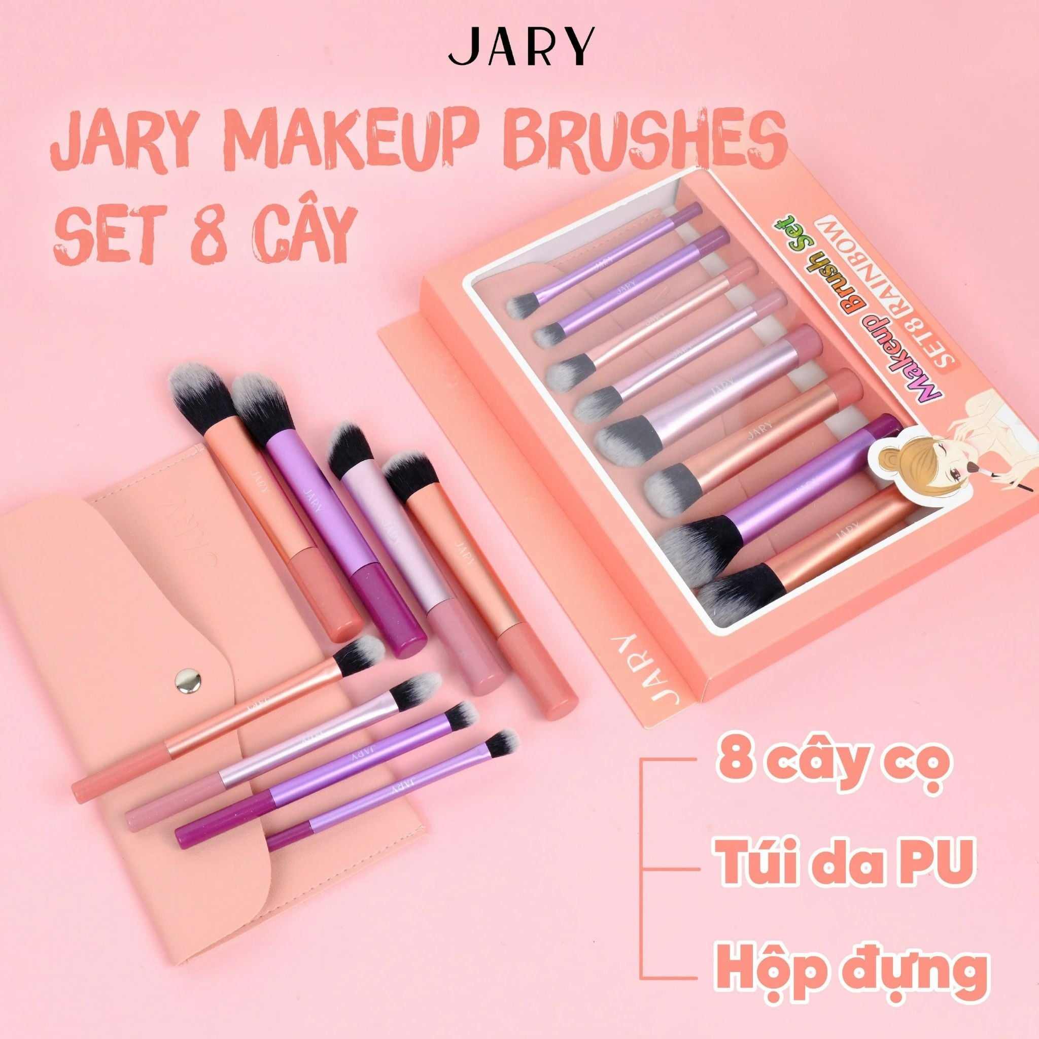 BỘ CỌ TRANG ĐIỂM JARY MAKEUP BRUSH - SET 8 CÂY - MÀU CẦU VỒNG + TÚI ĐỰNG DA PU