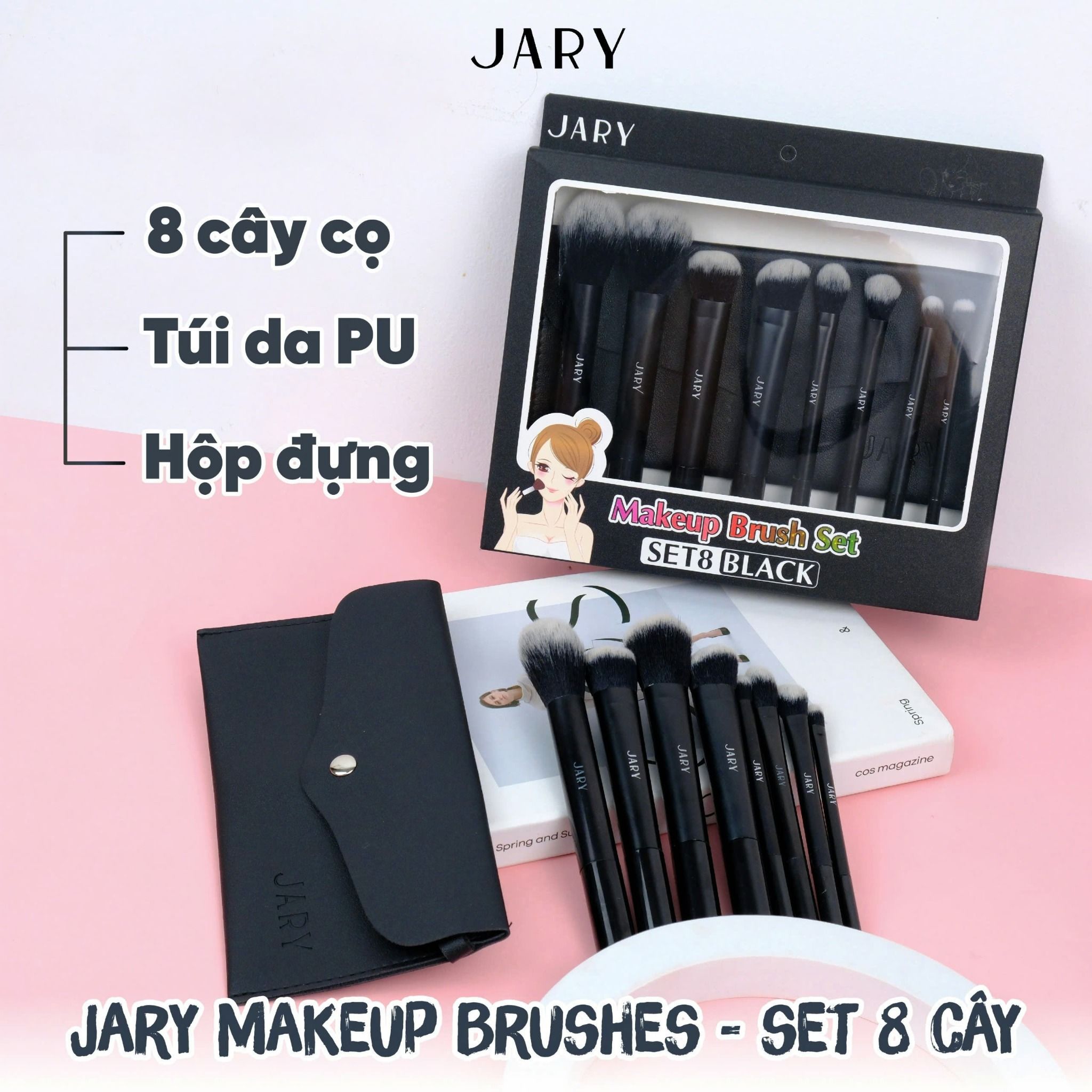 BỘ CỌ TRANG ĐIỂM JARY MAKEUP BRUSH - SET 8 CÂY - MÀU ĐEN + TÚI ĐỰNG DA PU