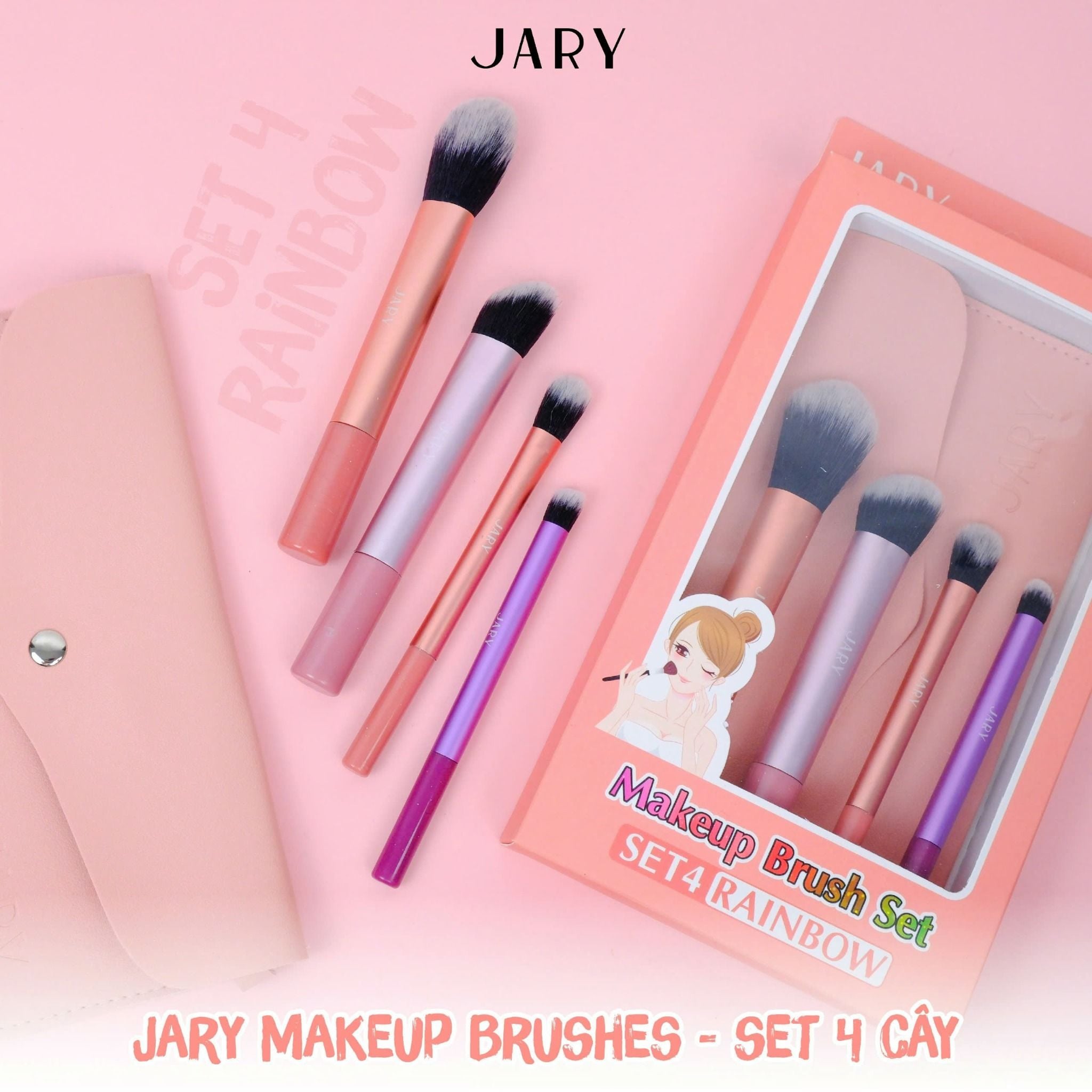 BỘ CỌ TRANG ĐIỂM JARY MAKEUP BRUSH - SET 4 CÂY - MÀU CẦU VỒNG + TÚI ĐỰNG DA PU