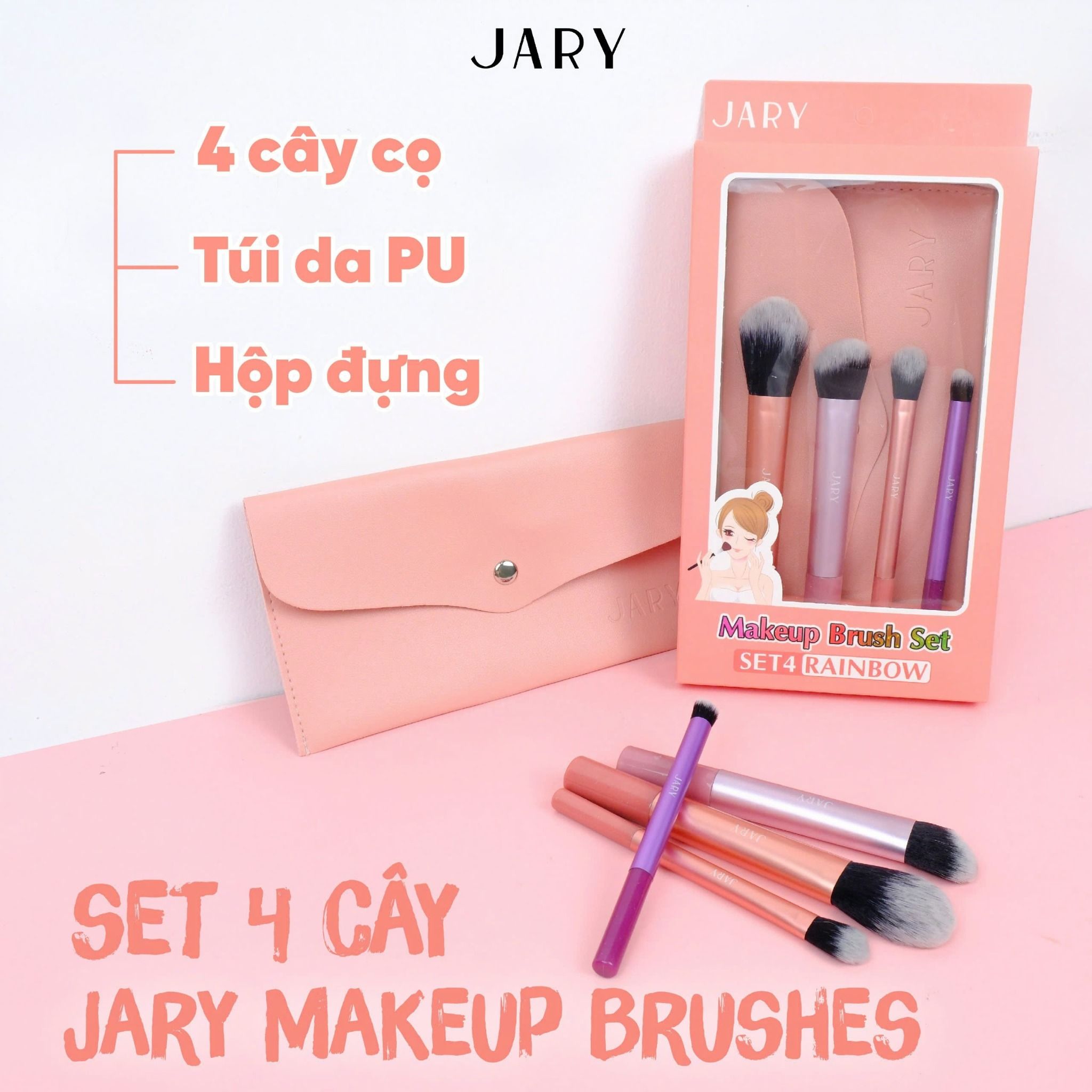 BỘ CỌ TRANG ĐIỂM JARY MAKEUP BRUSH - SET 4 CÂY - MÀU CẦU VỒNG + TÚI ĐỰNG DA PU