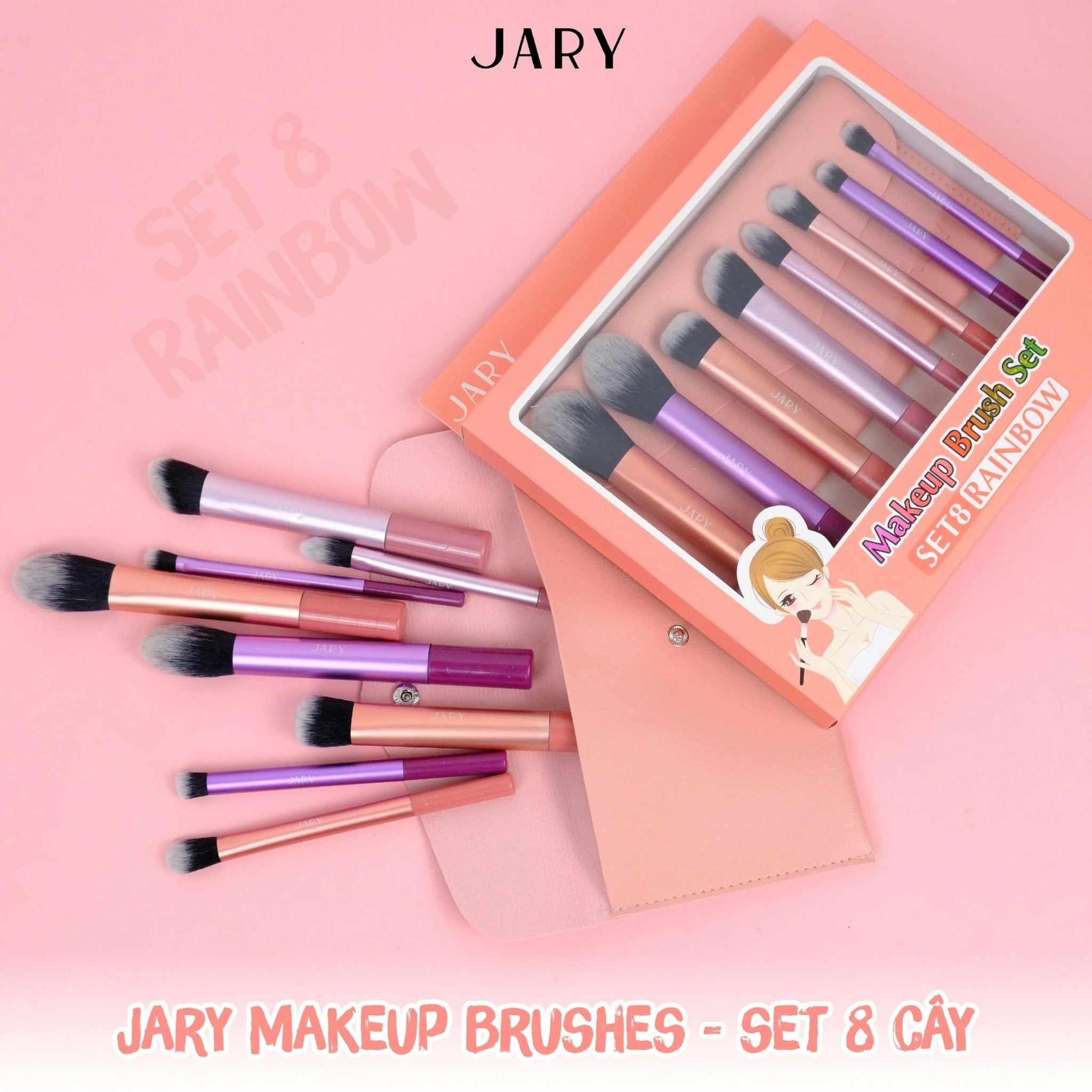 BỘ CỌ TRANG ĐIỂM JARY MAKEUP BRUSH - SET 8 CÂY - MÀU CẦU VỒNG + TÚI ĐỰNG DA PU