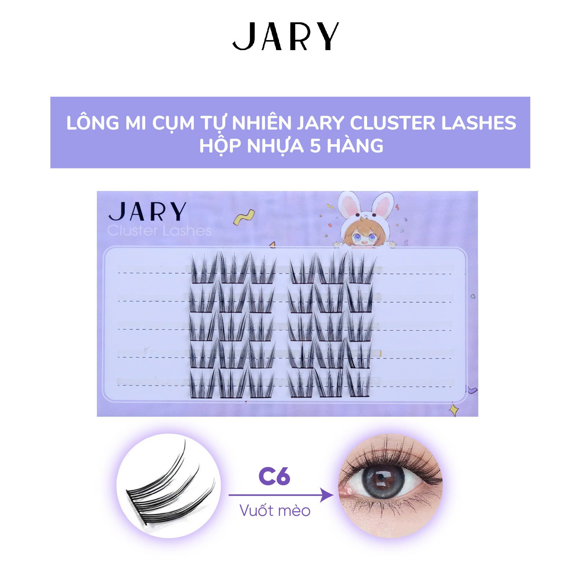 LÔNG MI CỤM TỰ NHIÊN JARY CLUSTER LASHES HỘP NHỰA 5 HÀNG - C6 VUỐT MÈO