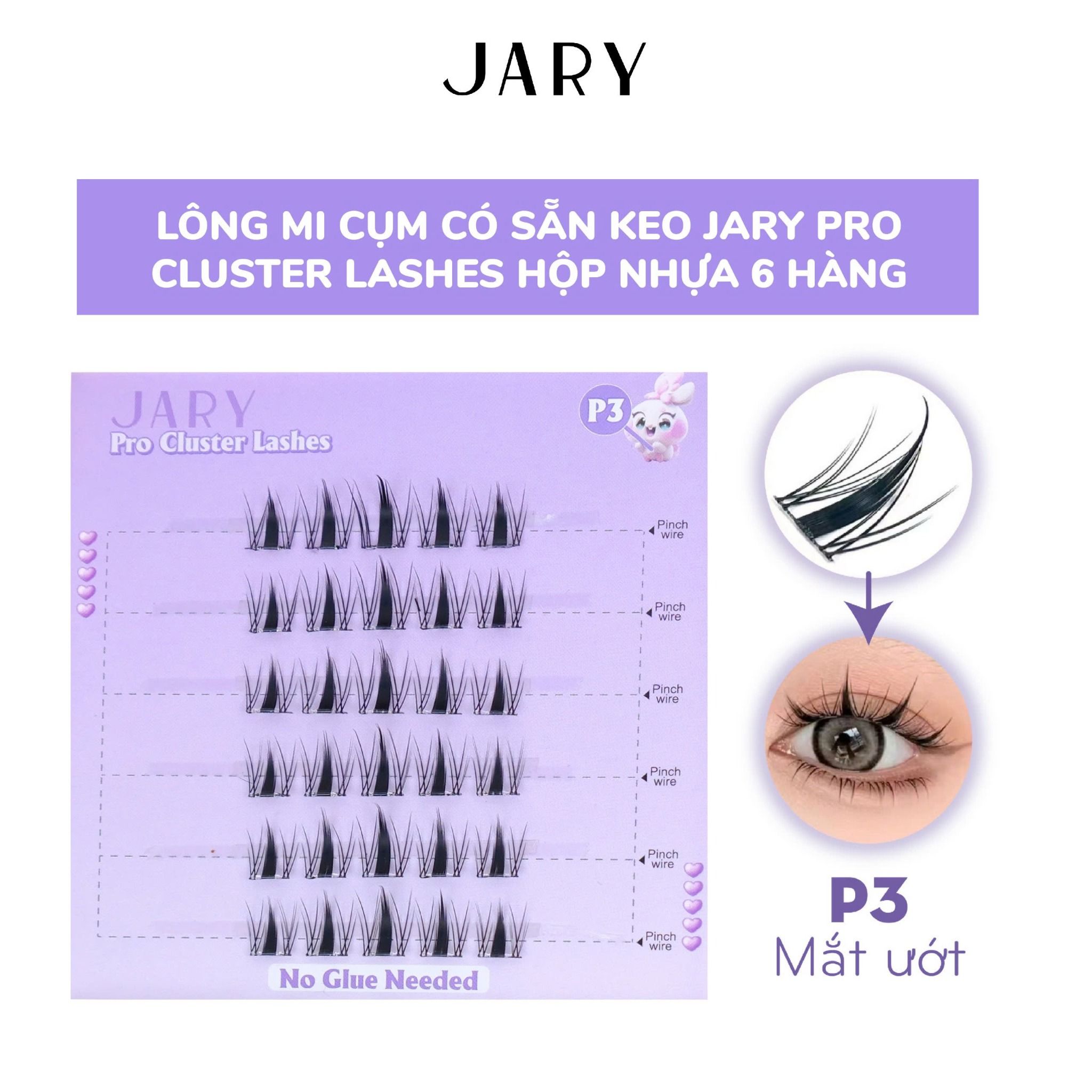 LÔNG MI CỤM CÓ SẴN KEO JARY PRO CLUSTER LASHES HỘP NHỰA 6 HÀNG - P3 MẮT ƯỚT - KHÔNG HỘP