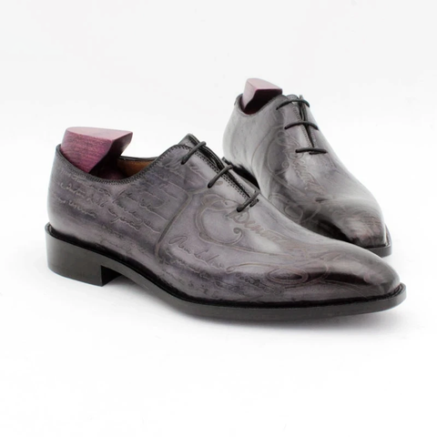  [HÀNG ORDER] Homme Pordenone Handcrafted Carved Whole Cut Oxford - Square Toe, Gray Full-Grain Calf Leather 