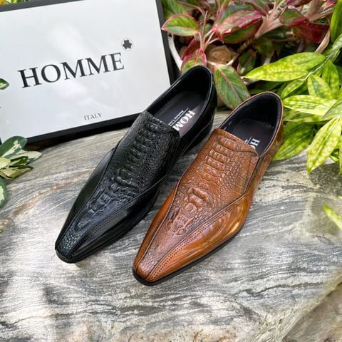  [HÀNG ORDER] Homme Crotone - Pointed Toe Loafers With Crocodile Pattern 