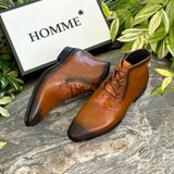  [HÀNG ORDER] Homme Salerno Burnished Brogue Ankle Boot - Tan Calfskin Leather 