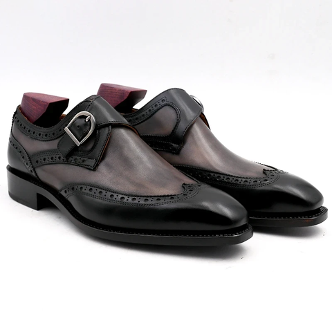  [HÀNG ORDER] Homme Gorizia Handcrafted Double Monk Straps - Square Toe, Patina Gray & Black Calf Leather 