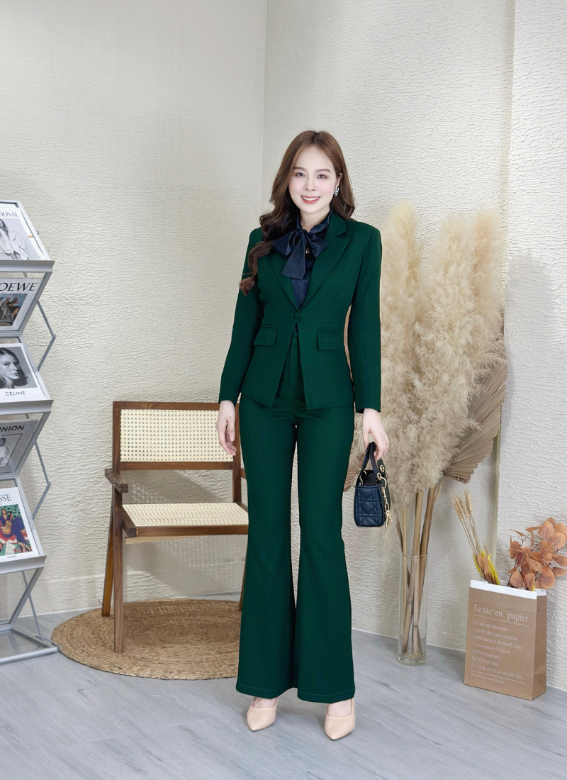  Bộ Áo Vest Nữ 1 Nút Vạt Vuông & Quần Loe 