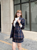 Áo Blazer Nữ Tay Lỡ + Váy Caro Xanh Đen Chỉ Hồng