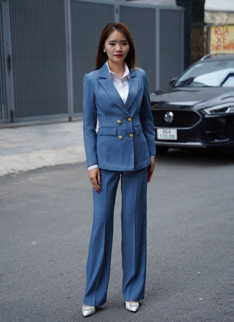  Bộ Áo Vest Nữ 4 Nút & Quần Suông Xanh Jean 