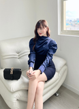  Bộ Áo Vest Nữ 1 Nút Vạt Vuông & Váy Ngắn Ôm Xanh Đen 