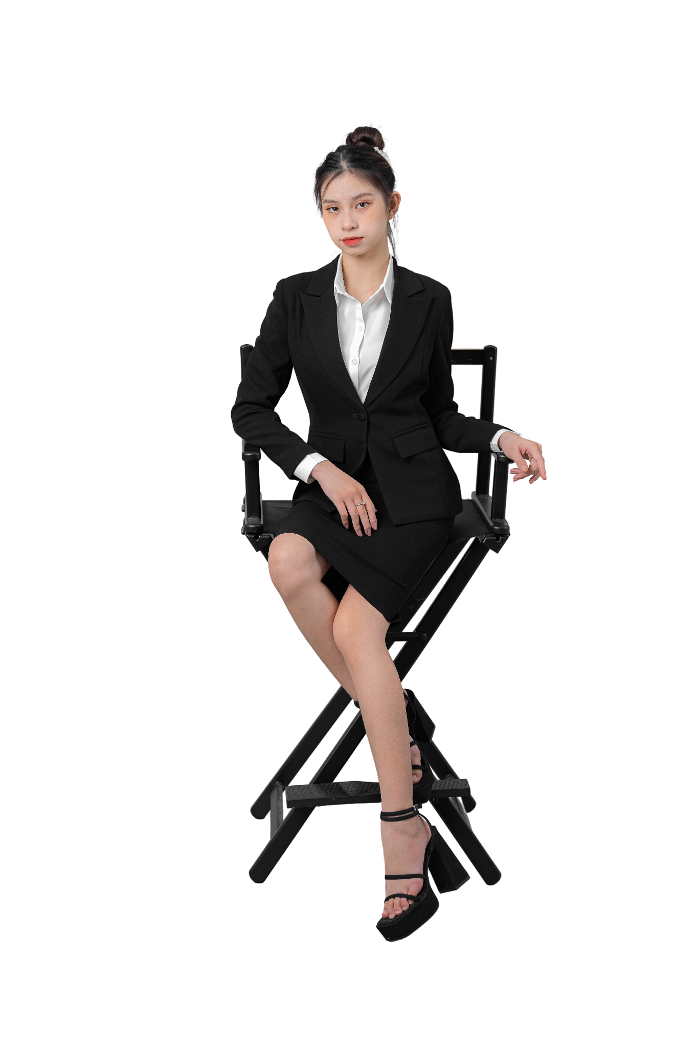  Bộ Áo Vest Nữ 1 Nút Vạt Vuông & Váy Bút Chì Đen 