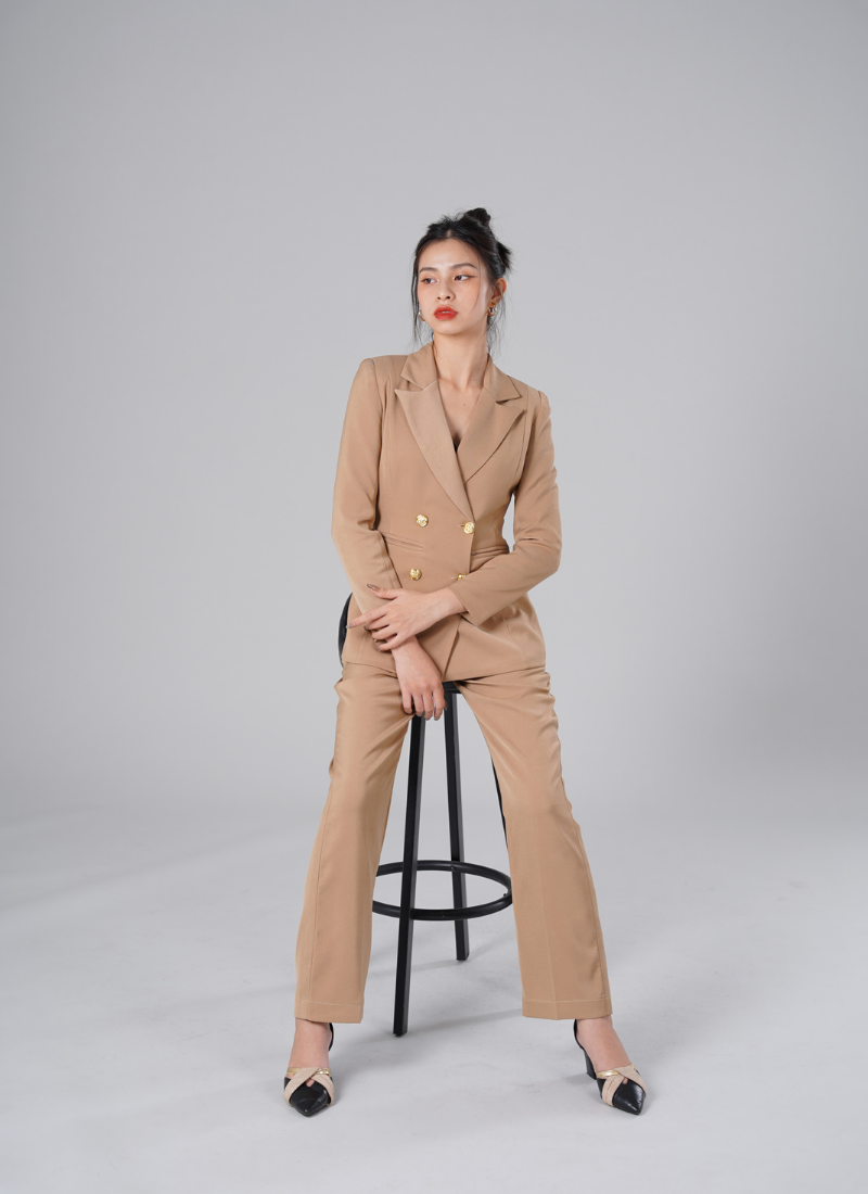  Bộ Áo Vest Nữ 4 Nút & Quần Suông Nâu Tây 