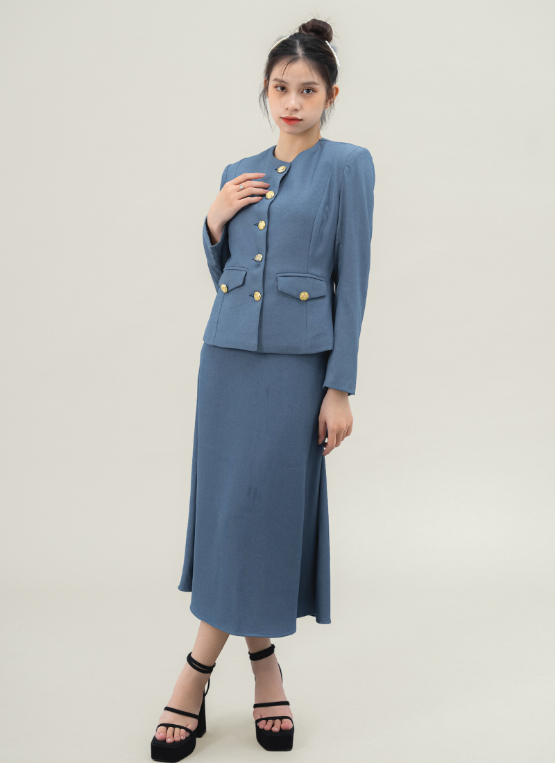  Áo Vest Nữ Cổ Tròn & Váy A Dài Chéo Hàn Jean Xanh 