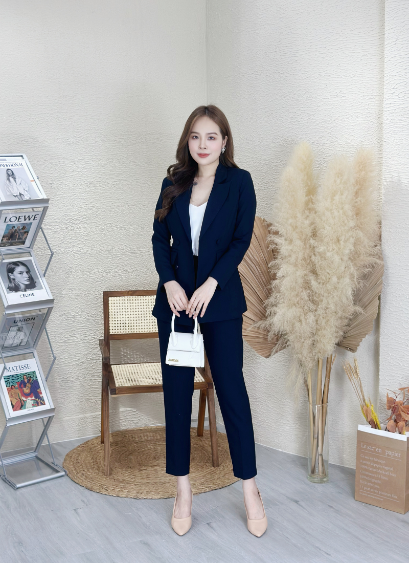  Bộ Áo Vest Nữ 4 Nút & Quần Ống Côn Xanh Đen 