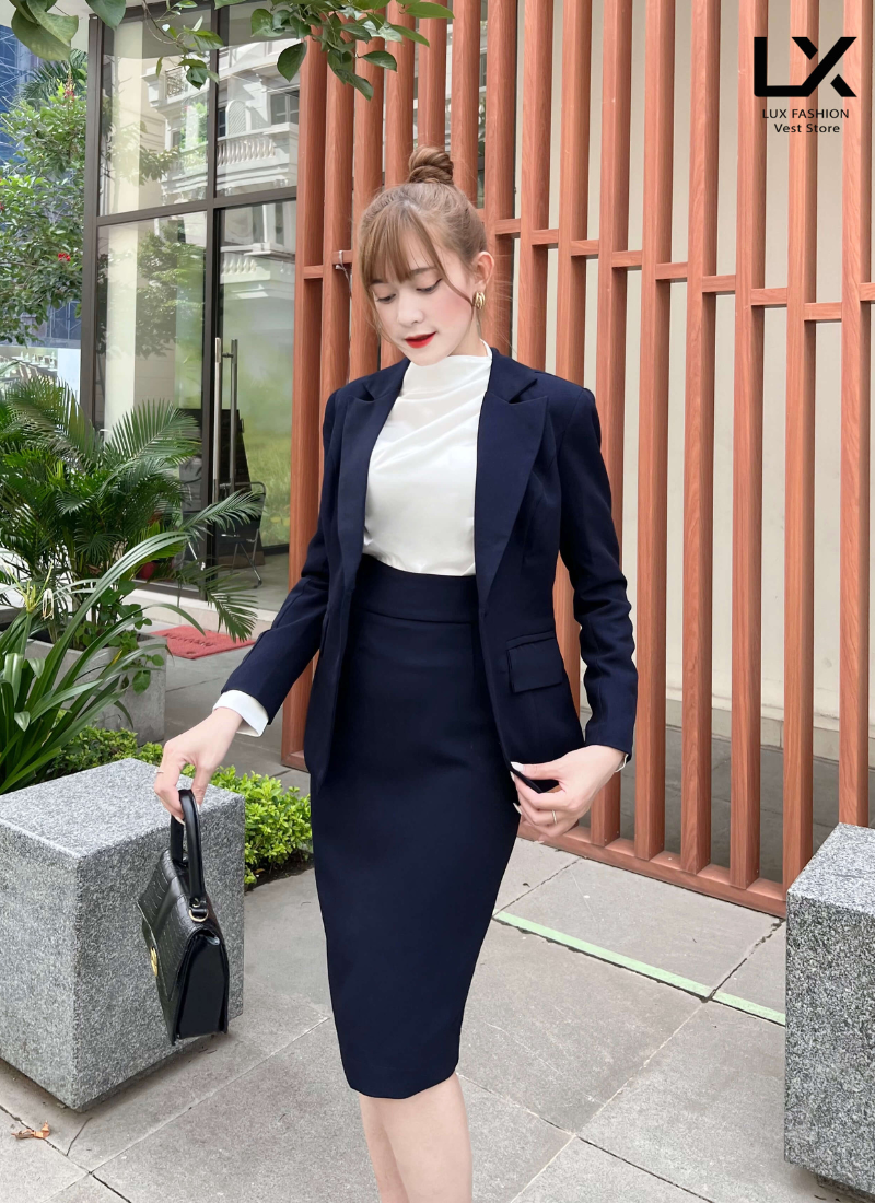  Bộ Áo Vest Nữ & Váy Đồng Phục Xanh Đen 