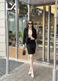  Bộ Áo Vest Nữ 1 Nút Vạt Tròn Ngắn & Váy Ngắn Ôm Đen 