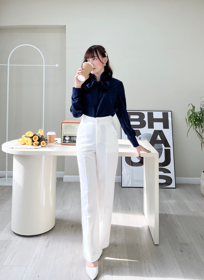  Bộ Áo Vest Nữ 1 Nút Vạt Vuông & Quần Suông Trắng 