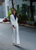  Bộ Áo Vest Nữ 2 Nút Vạt Vuông & Quần Loe Trắng 