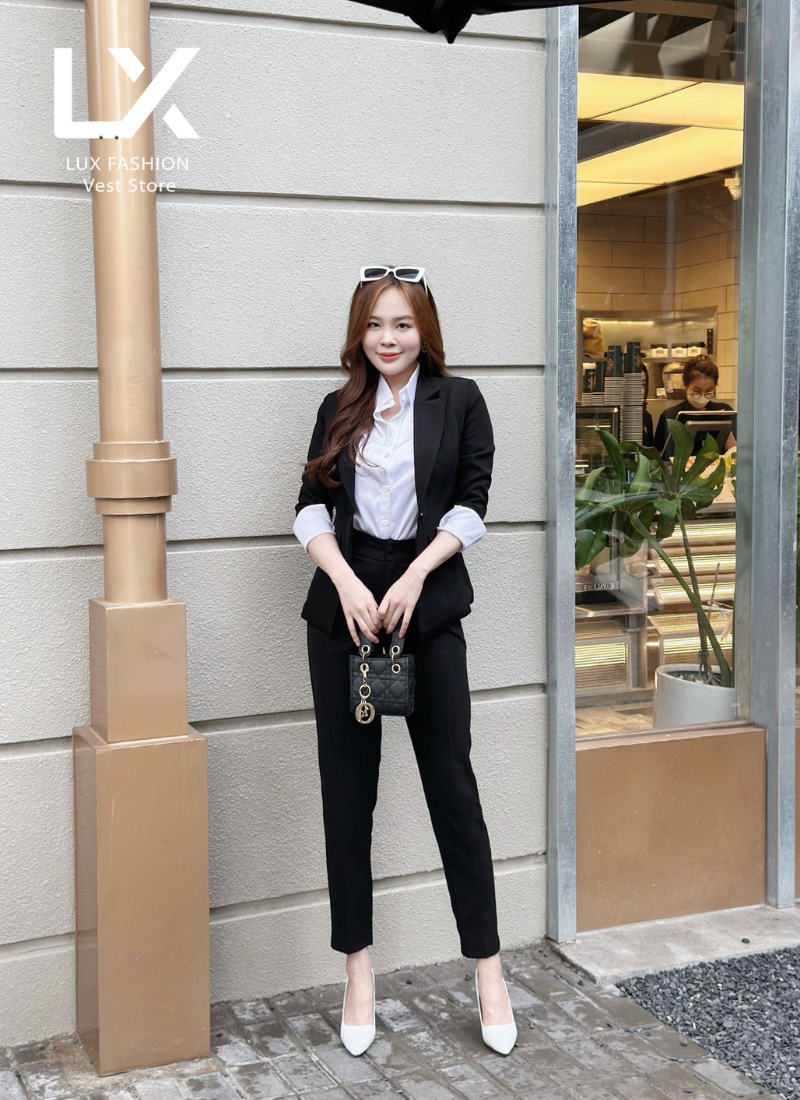  Bộ Áo Vest Nữ 1 Nút Tay Lỡ & Quần Ống Côn Đen 