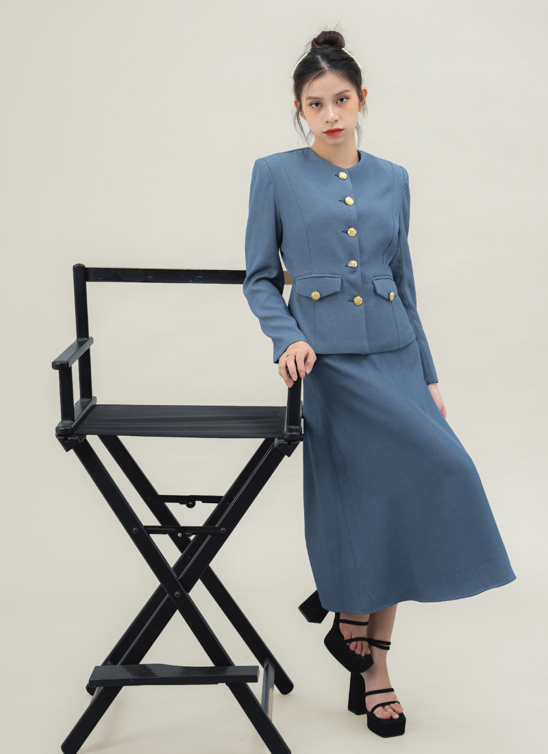  Áo Vest Nữ Cổ Tròn & Váy A Dài Chéo Hàn Jean Xanh 