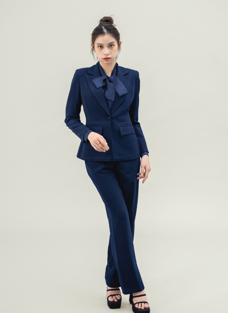  Bộ Áo Vest Nữ 1 Cúc & Quần Suông Xanh Trung 