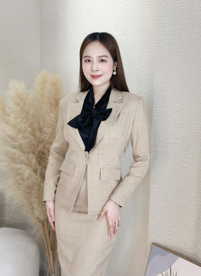  Bộ Áo Vest Nữ 1 Nút Vạt Vuông & Váy Bút Chì Linen Nude 