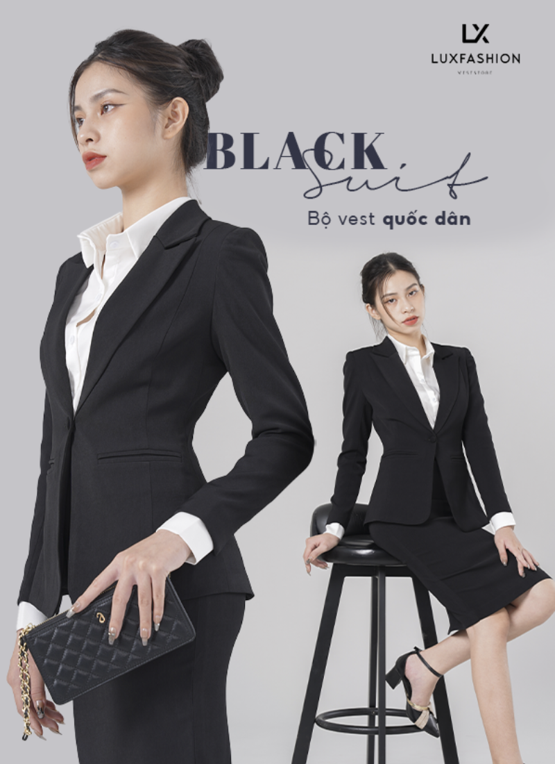  Bộ Áo Vest Nữ 1 Nút Vạt Tròn & Váy Bút Chì Đen 