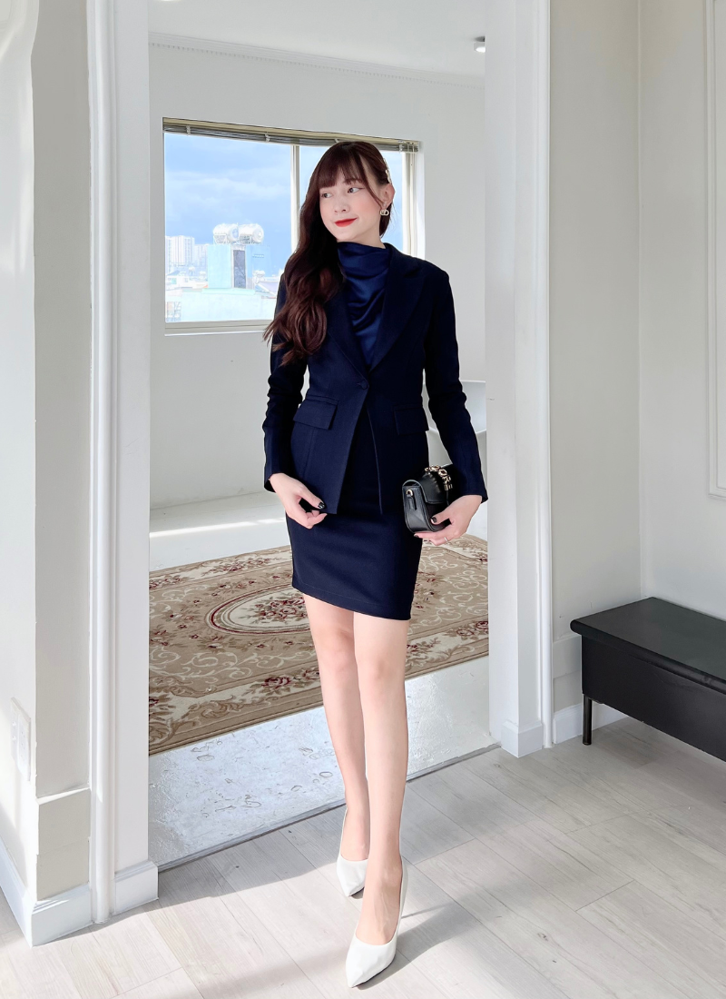  Bộ Áo Vest Nữ 1 Nút Vạt Vuông & Váy Ngắn Ôm Xanh Đen 