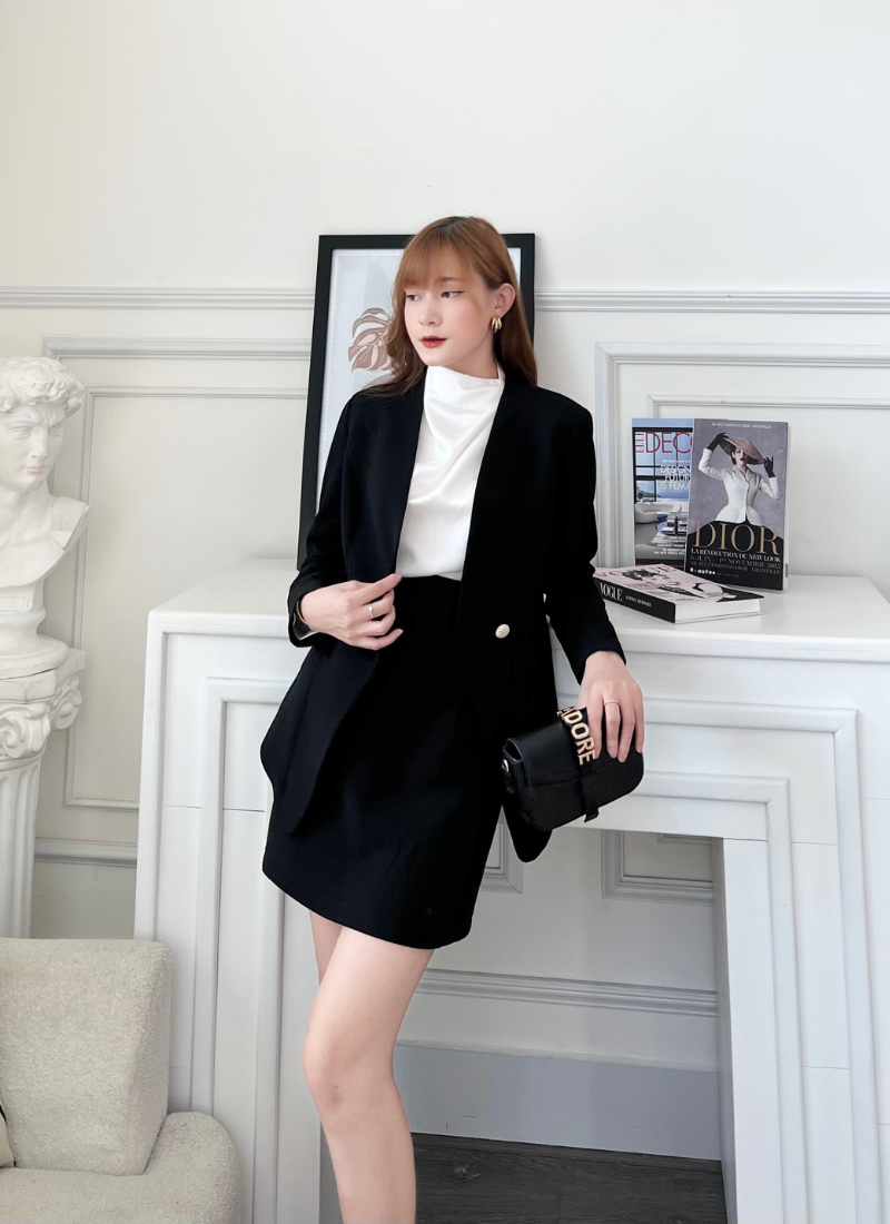  Bộ Áo Vest Nữ Không Cổ & Váy Ngắn Chữ A 