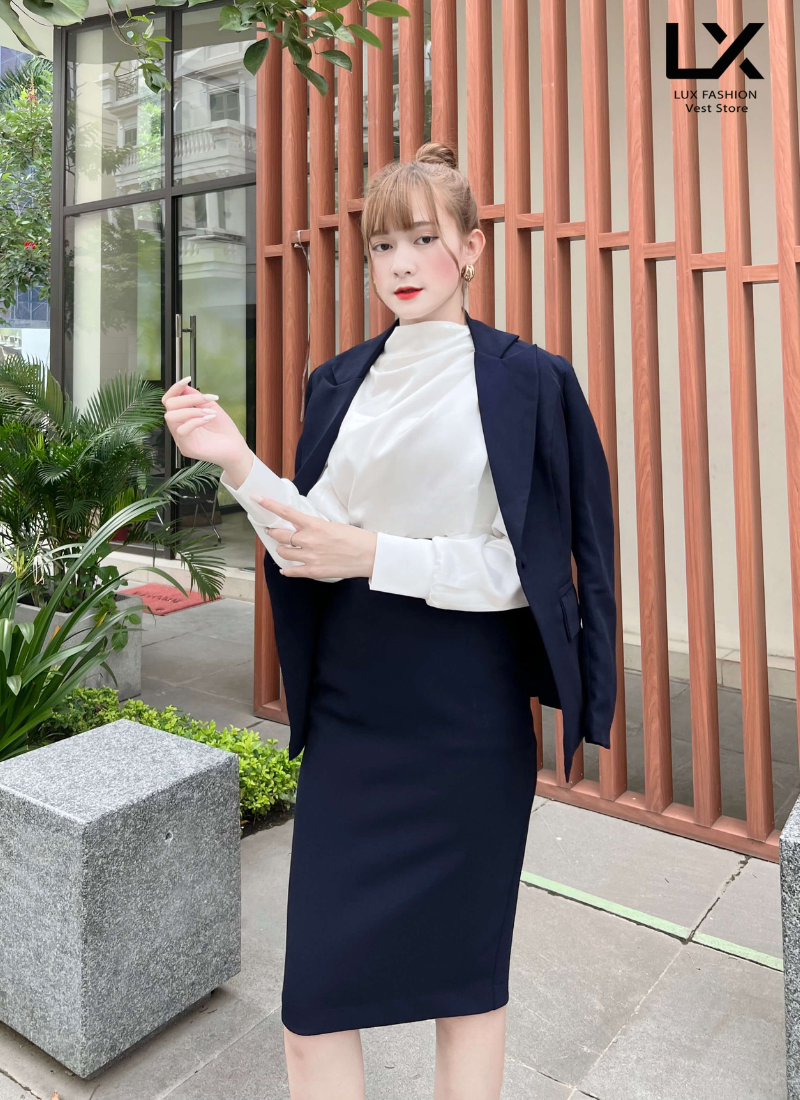 Bộ Áo Vest Nữ & Váy Đồng Phục Xanh Đen 