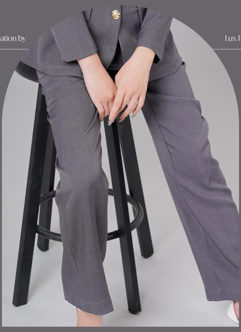  Bộ Áo Vest Nữ 3 Nút & Quần Suông Linen Xám 