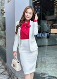  Bộ Áo Vest Nữ 1 Nút Vạt Tròn & Váy Bút Chì 