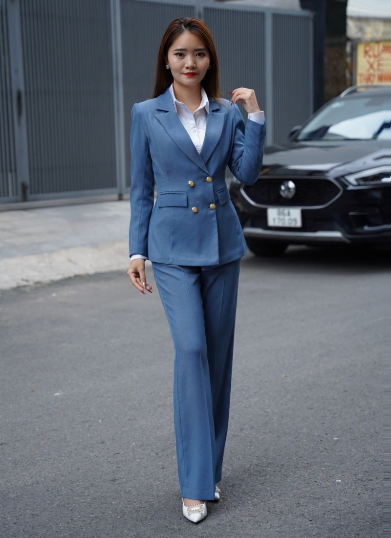  Bộ Áo Vest Nữ 4 Nút & Quần Suông Xanh Jean 