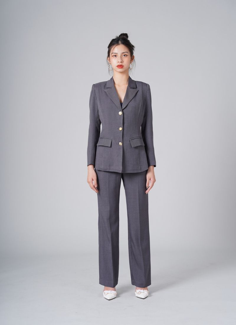  Bộ Áo Vest Nữ 3 Nút & Quần Suông Linen Xám 