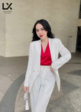  Bộ Áo Vest Nữ Không Cổ & Quần Suông Trắng 