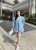  Áo Blazer Nữ Tay Lỡ + Váy Caro Xanh Biển 