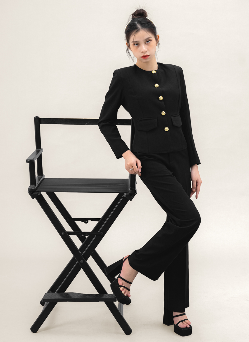  Áo Vest Nữ Cổ Tròn & Quần Suông Bố Linen Cao Cấp Màu Đen 