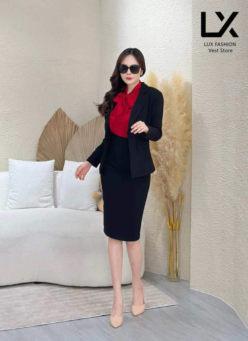  Bộ Áo Vest Nữ & Váy Đồng Phục Đen 